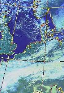 Satellitenbild (Falschfarben, Ausschnitt) von NOAA 11 vom 20.02.1989, 13.26 UT