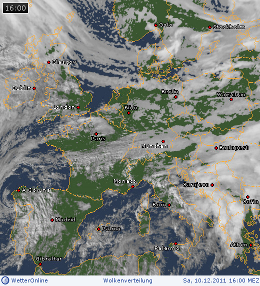 Bewölkung über Europa am 10.12.2011 um 16:00 MEZ
